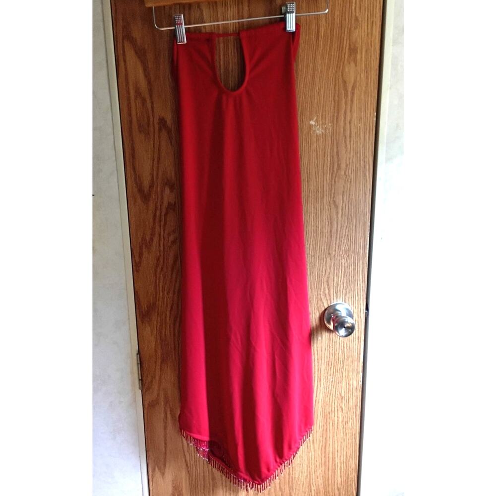 Vintage Y2K Red Keyhole Halter Dress Small Open Back Beaded Handkerchief Hem - Picture 2 of 13